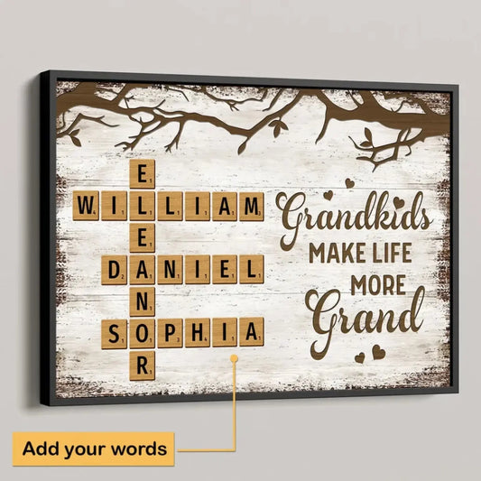 "Grandkids Make Life More Grand" Scrabble-Inspired Art – Personalized Poster/Canvas – Custom Family Name Gift for Grandma & Grandparents  Ezcustomize