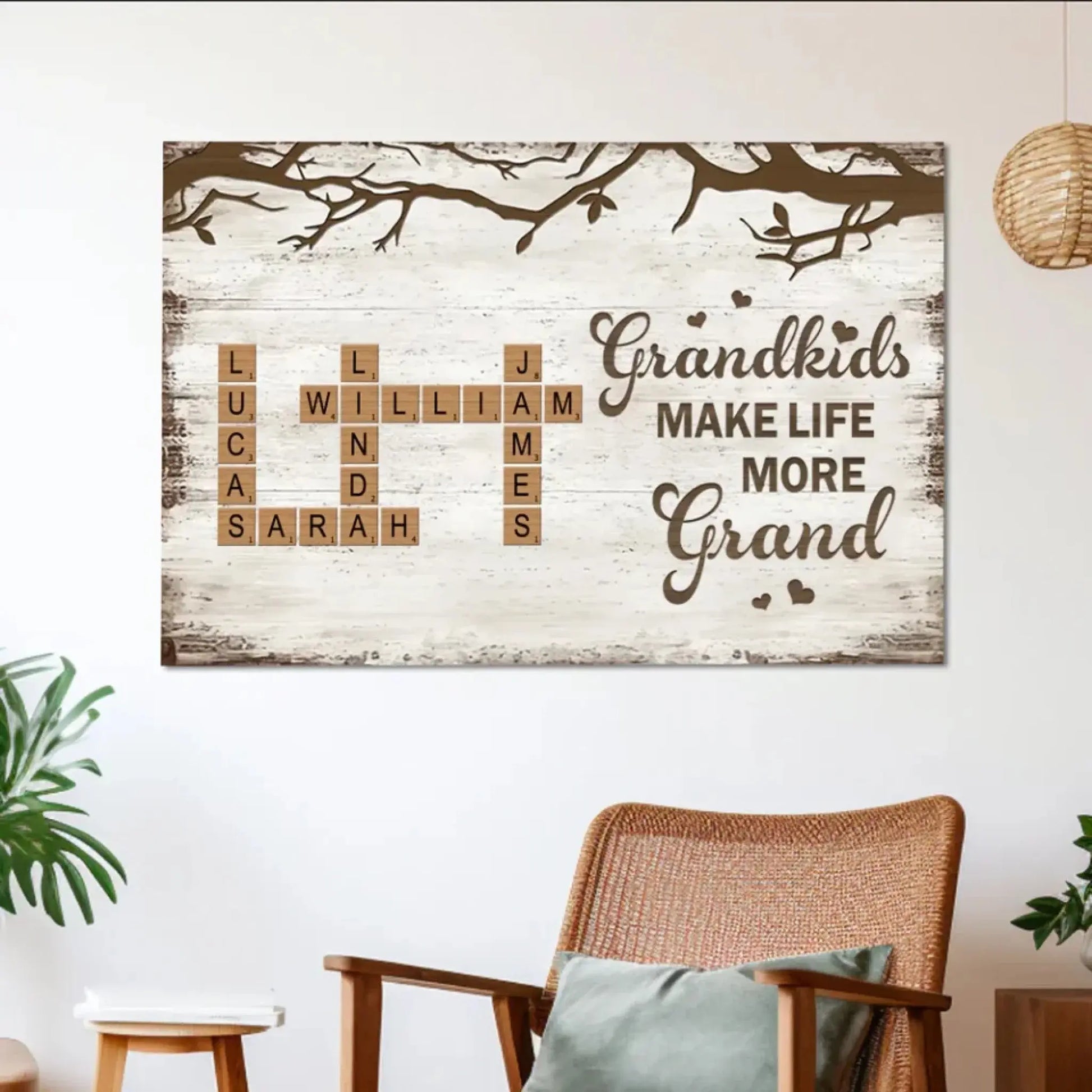 "Grandkids Make Life More Grand" Scrabble-Inspired Art – Personalized Poster/Canvas – Custom Family Name Gift for Grandma & Grandparents  Ezcustomize