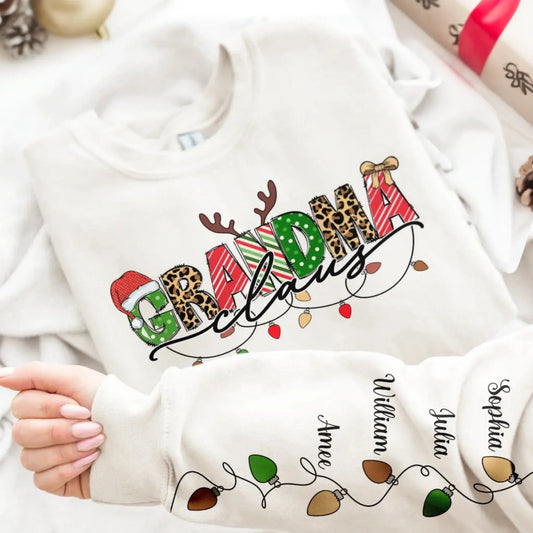 Grandma Claus Sweatshirt with Kids’ Names on Sleeves – Personalized Christmas Lights Sweater for Grandma, Nana, Mama  Ezcustomize
