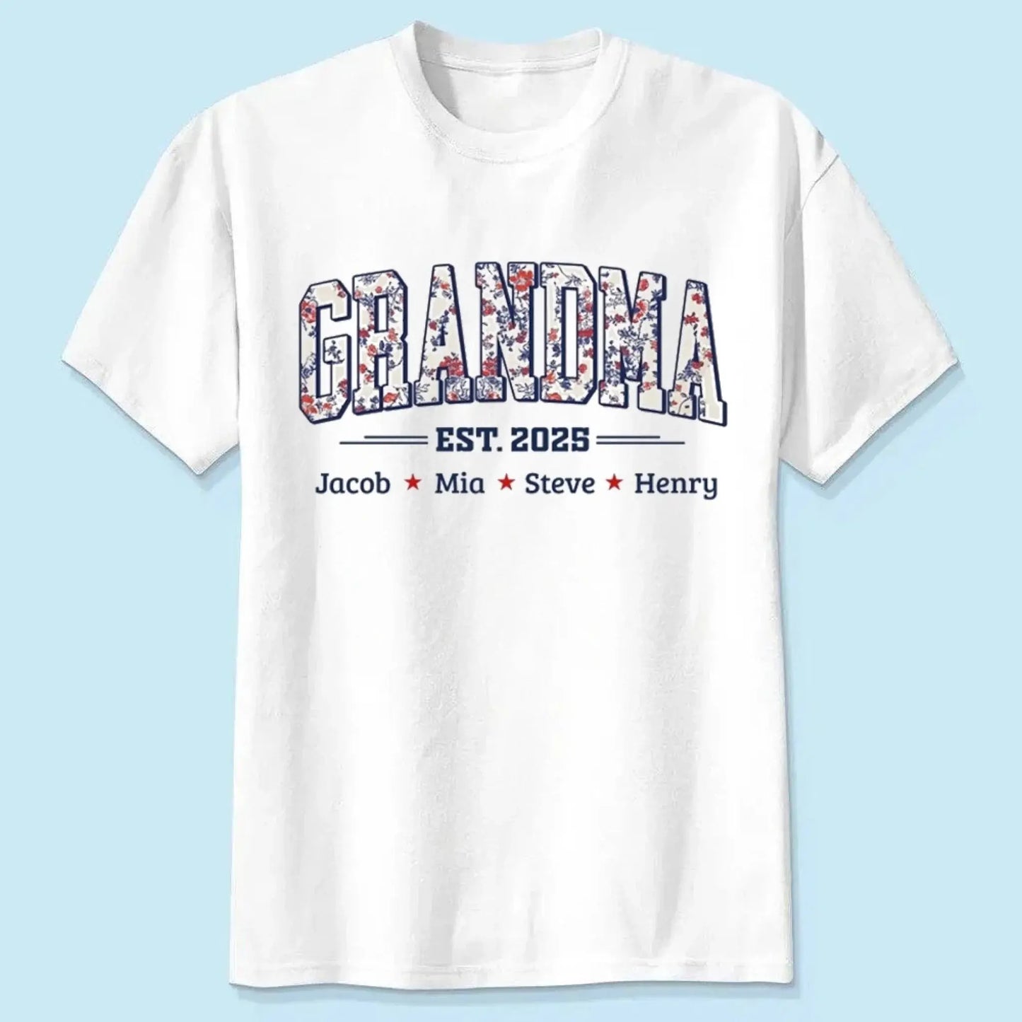 Grandma Est. Shirt – Personalized Floral Patriotic T-Shirt with Grandkids’ Names, 4th of July Gift for Nana, Mimi, Mom, Grandma  Ezcustomize