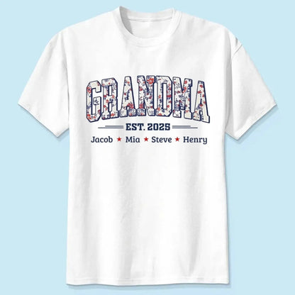 Grandma Est. Shirt – Personalized Floral Patriotic T-Shirt with Grandkids’ Names, 4th of July Gift for Nana, Mimi, Mom, Grandma  Ezcustomize