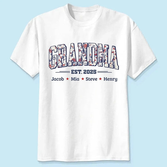 Grandma Est. Shirt – Personalized Floral Patriotic T-Shirt with Grandkids’ Names, 4th of July Gift for Nana, Mimi, Mom, Grandma  Ezcustomize