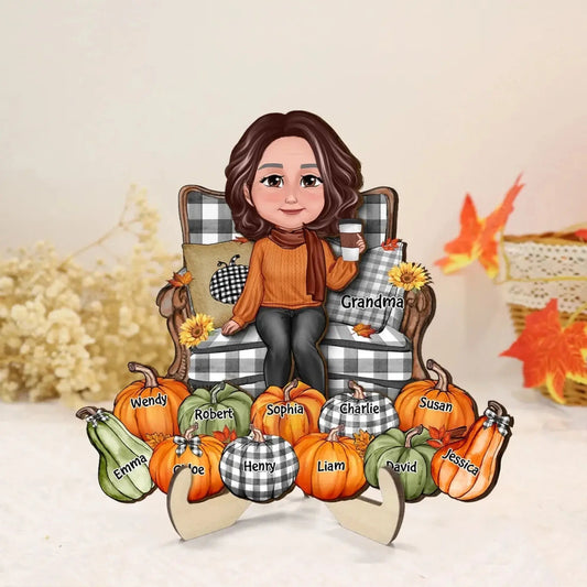 Grandma Sitting with Pumpkins on Chair – Personalized 2-Layer Wooden Plaque – Cozy Fall Season Decor & Gift for Grandma or Nana  Ezcustomize