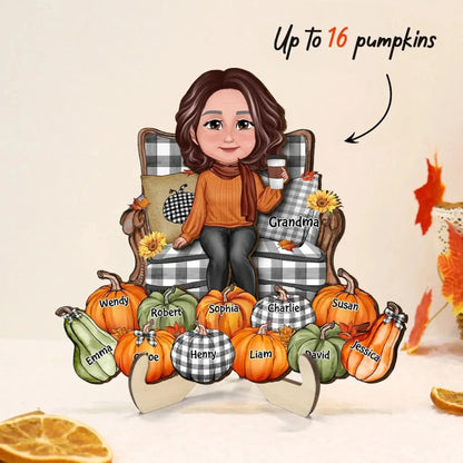 Grandma Sitting with Pumpkins on Chair – Personalized 2-Layer Wooden Plaque – Cozy Fall Season Decor & Gift for Grandma or Nana  Ezcustomize