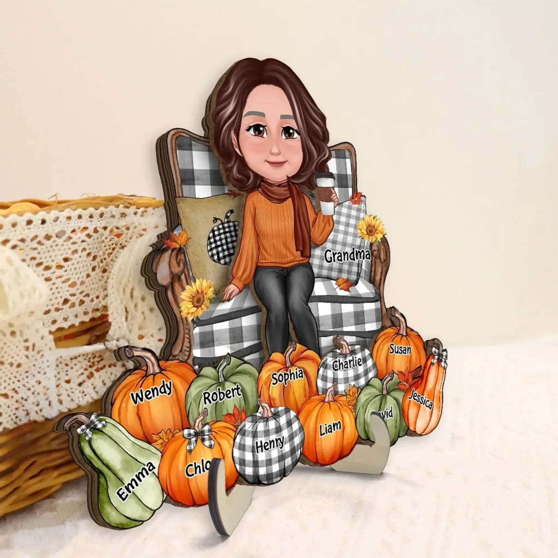 Grandma Sitting with Pumpkins on Chair – Personalized 2-Layer Wooden Plaque – Cozy Fall Season Decor & Gift for Grandma or Nana  Ezcustomize