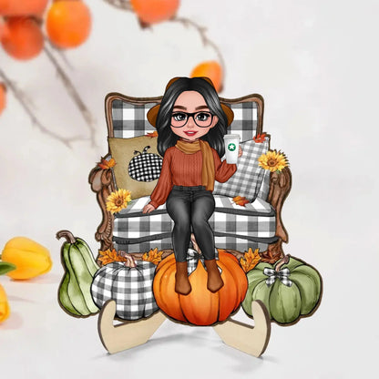 Grandma Sitting with Pumpkins on Chair – Personalized 2-Layer Wooden Plaque – Cozy Fall Season Decor & Gift for Grandma or Nana  Ezcustomize