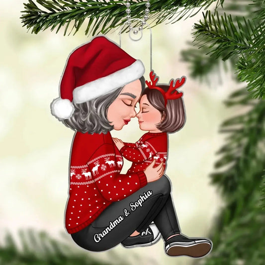 Grandma & Grandkid Hugging Ornament – Custom Side View Acrylic Christmas Gift for Grandmother and Child  Ezcustomize
