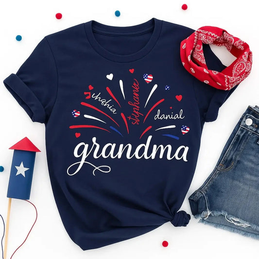 Grandma & Kids Firework Shirt – Personalized Patriotic T-Shirt – Custom 4th of July Gift with American Theme for Grandma or Nana  Ezcustomize