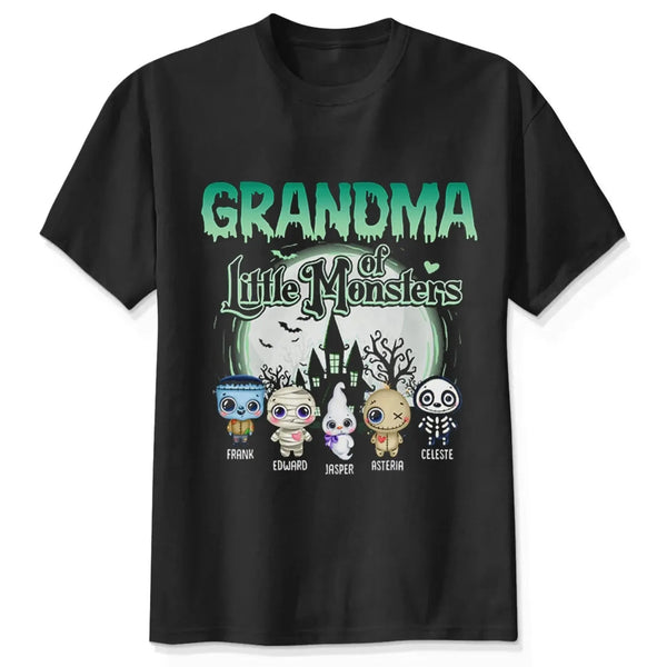 Grandma of These Little Monsters Shirt – Personalized Halloween T-Shirt with Grandkids' Names, Custom Gift for Grandma, Mimi, Nana