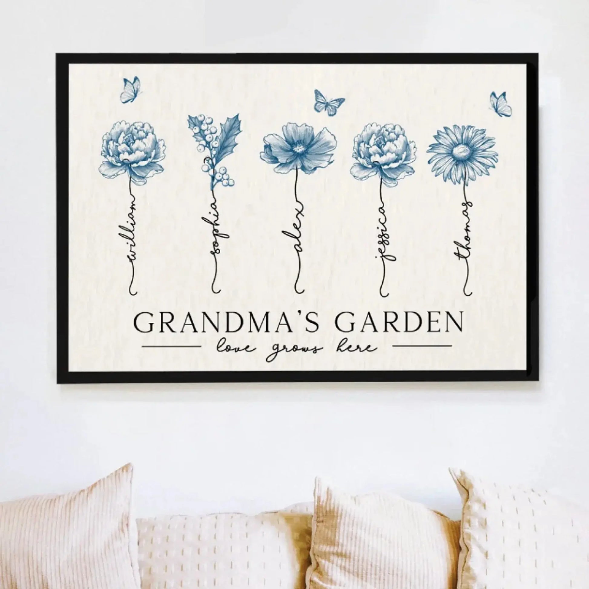 Grandma’s Garden Blue Edition – Personalized Birth Month Flower Poster/Canvas, Vintage Floral Poster Gift for Grandma, Mother’s Day Present  Ezcustomize