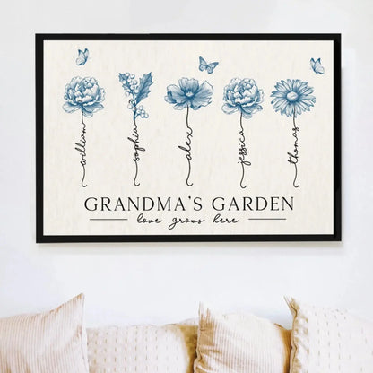 Grandma’s Garden Blue Edition – Personalized Birth Month Flower Poster/Canvas, Vintage Floral Poster Gift for Grandma, Mother’s Day Present  Ezcustomize