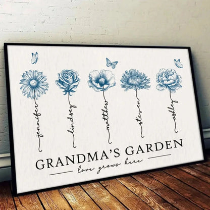 Grandma’s Garden Blue Edition – Personalized Birth Month Flower Poster/Canvas, Vintage Floral Poster Gift for Grandma, Mother’s Day Present  Ezcustomize
