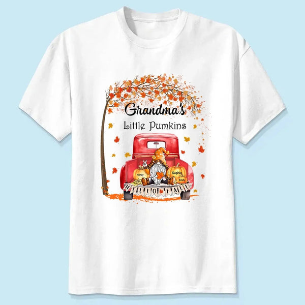 Grandma’s Little Pumpkins Shirt – Personalized Fall Gift with Kids’ Names – Custom Thanksgiving T-Shirt for Grandma