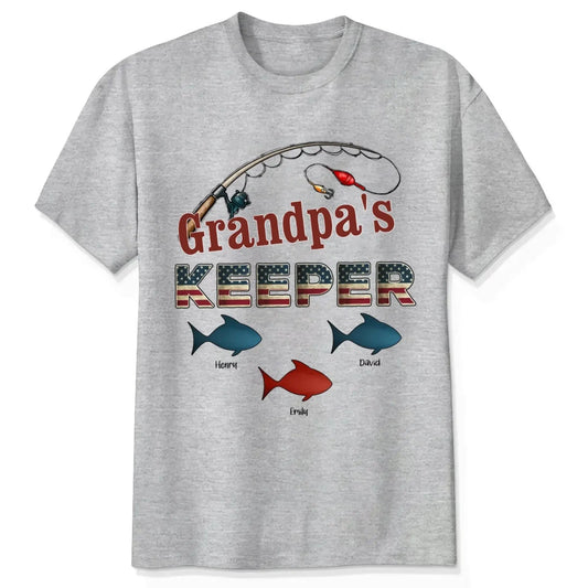 Grandpa’s Keeper Personalized Fishing Shirt – 4th of July Gift for Papa with Grandkids’ Names, Patriotic Custom Tee for Grandpa  Ezcustomize