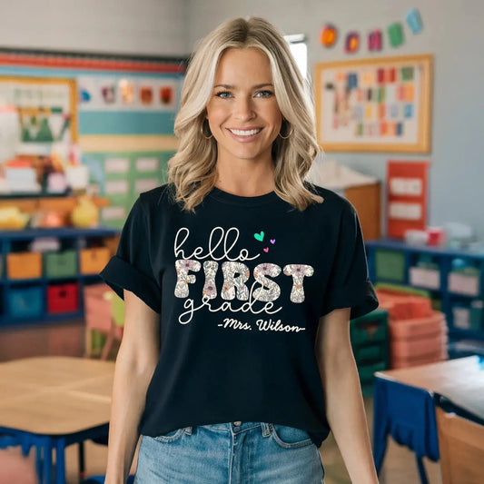 Hello Grade Teacher Shirt – Custom Back to School Floral Tee with Grade and Name, Gift for Preschool Pre-K Kindergarten Teachers  Ezcustomize