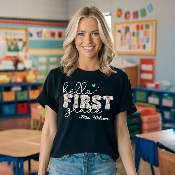 Hello Grade Teacher Shirt – Custom Back to School Floral Tee with Grade and Name, Gift for Preschool Pre-K Kindergarten Teachers