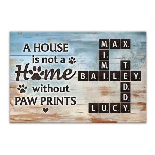 Home with Paw Prints Pet Crossword Art – Personalized Poster/Canvas – Custom Name Gift for Dog & Cat Lovers