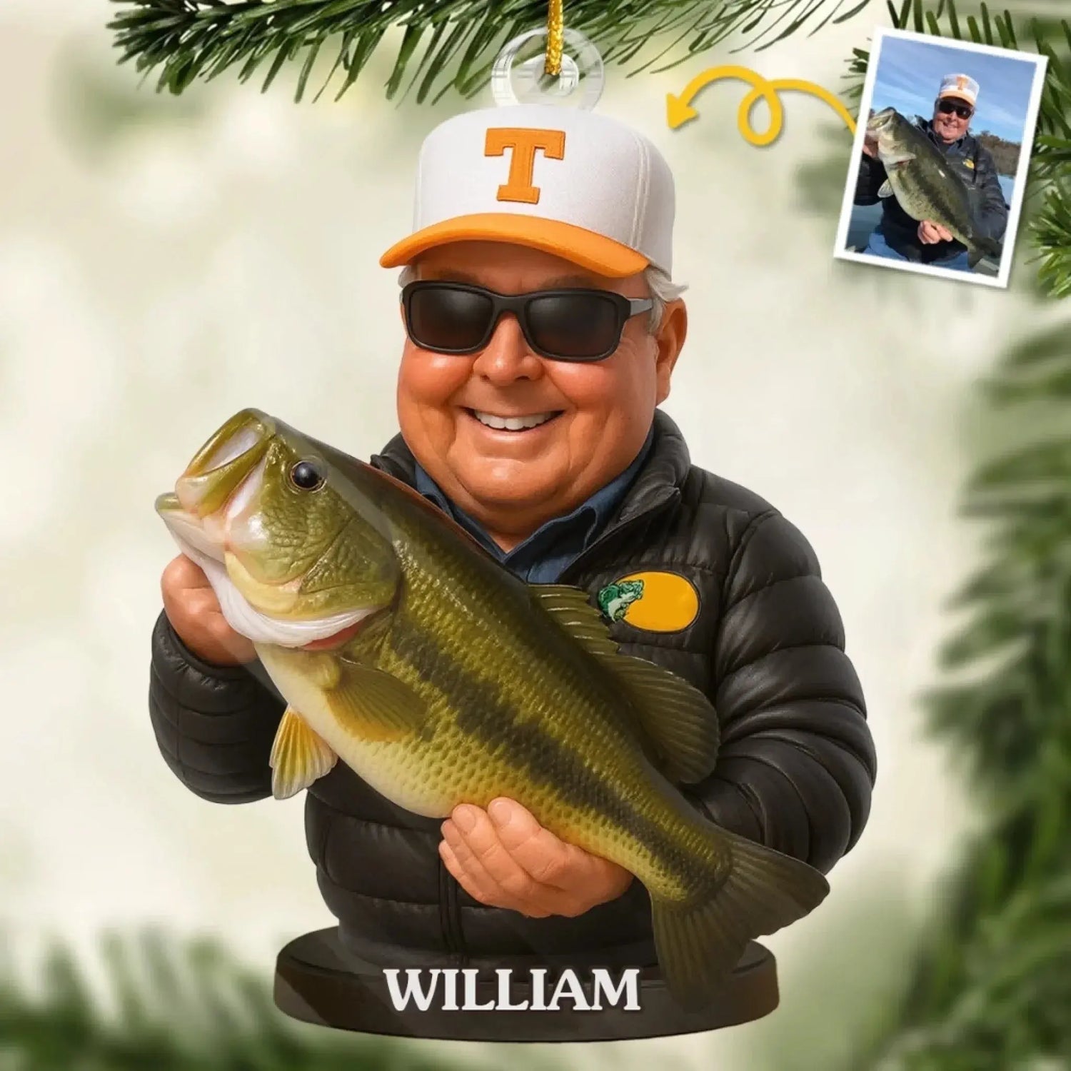 Hooked on Happiness – Custom Photo Acrylic Ornament – Personalized Christmas & Birthday Fishing Gift for Dad, Husband, or Fisherman  Ezcustomize