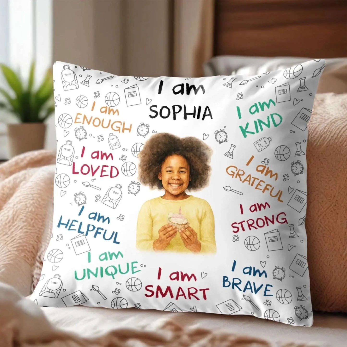 I Am Enough Loved Brave Smart Pillow with Inspirational Icons – Personalized Custom Throw Pillow – Encouraging Birthday & Christmas Gift for Daughters and Young Girls  Ezcustomize