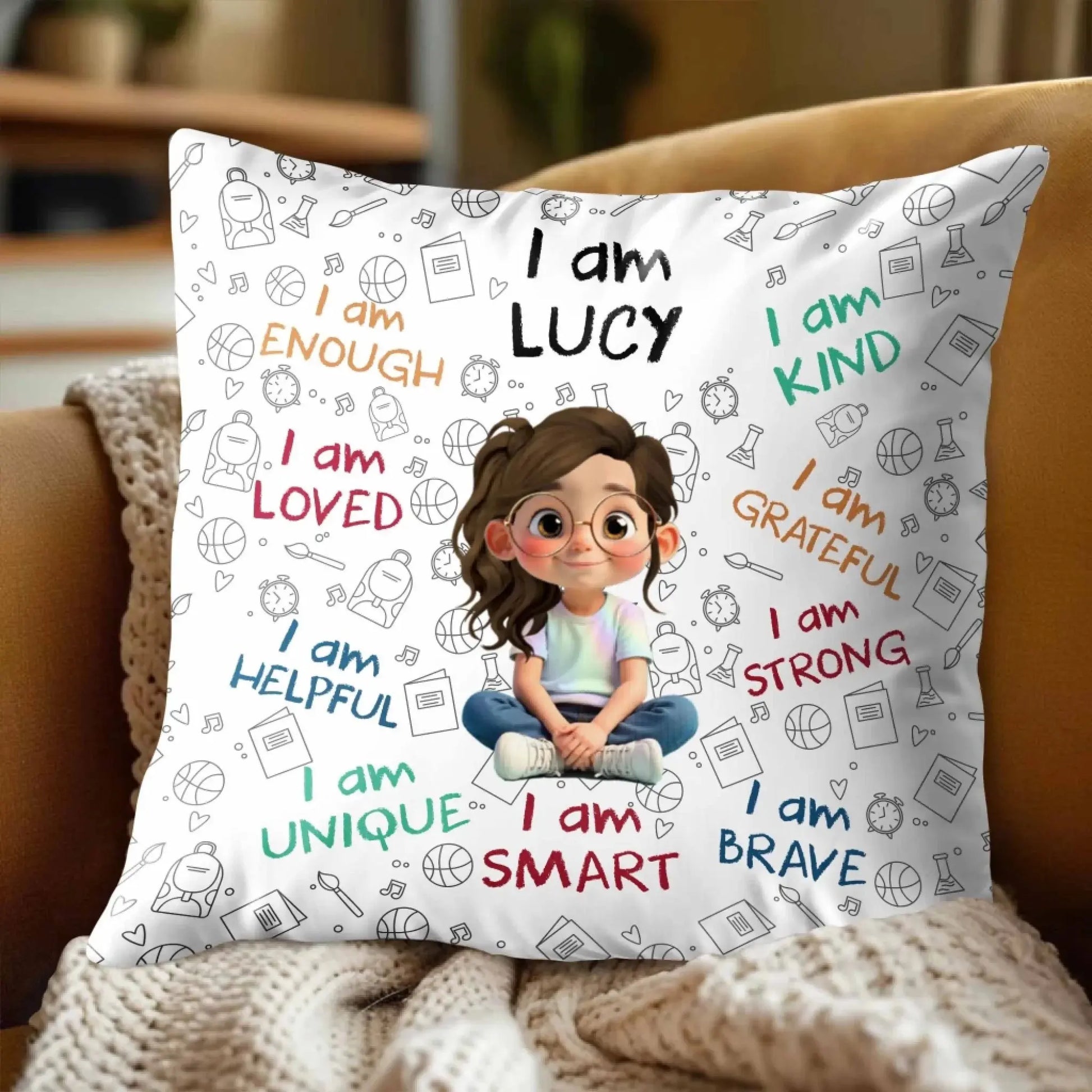I Am Enough, Loved, Unique, Brave, Cartoon Girl - Personalized Custom Pillow - Gift For Daughters and Kids  Ezcustomize