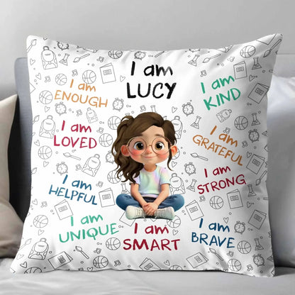 I Am Enough, Loved, Unique, Brave, Cartoon Girl - Personalized Custom Pillow - Gift For Daughters and Kids  Ezcustomize