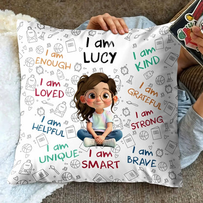 I Am Enough, Loved, Unique, Brave, Cartoon Girl - Personalized Custom Pillow - Gift For Daughters and Kids  Ezcustomize