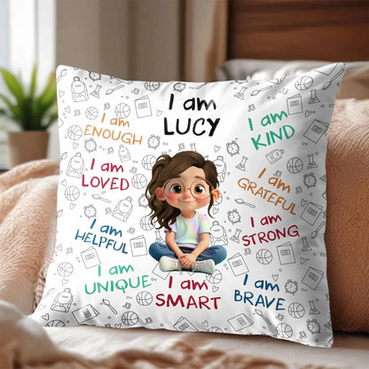 I Am Enough, Loved, Unique, Brave, Cartoon Girl - Personalized Custom Pillow - Gift For Daughters and Kids  Ezcustomize
