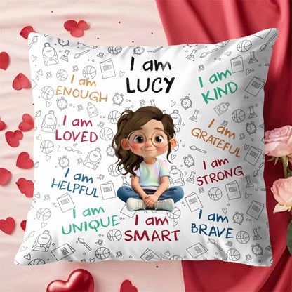 I Am Enough, Loved, Unique, Brave, Cartoon Girl - Personalized Custom Pillow - Gift For Daughters and Kids  Ezcustomize