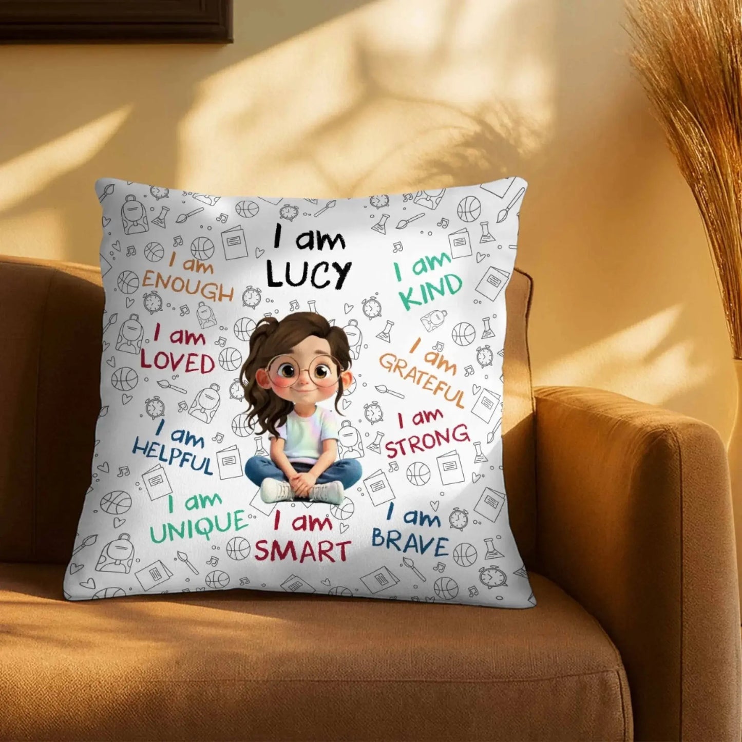 I Am Enough, Loved, Unique, Brave, Cartoon Girl - Personalized Custom Pillow - Gift For Daughters and Kids  Ezcustomize