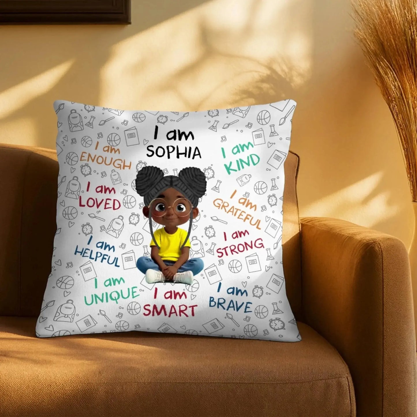 I Am Enough, Loved, Unique, Brave, Cartoon Girl - Personalized Custom Pillow - Gift For Daughters and Kids  Ezcustomize