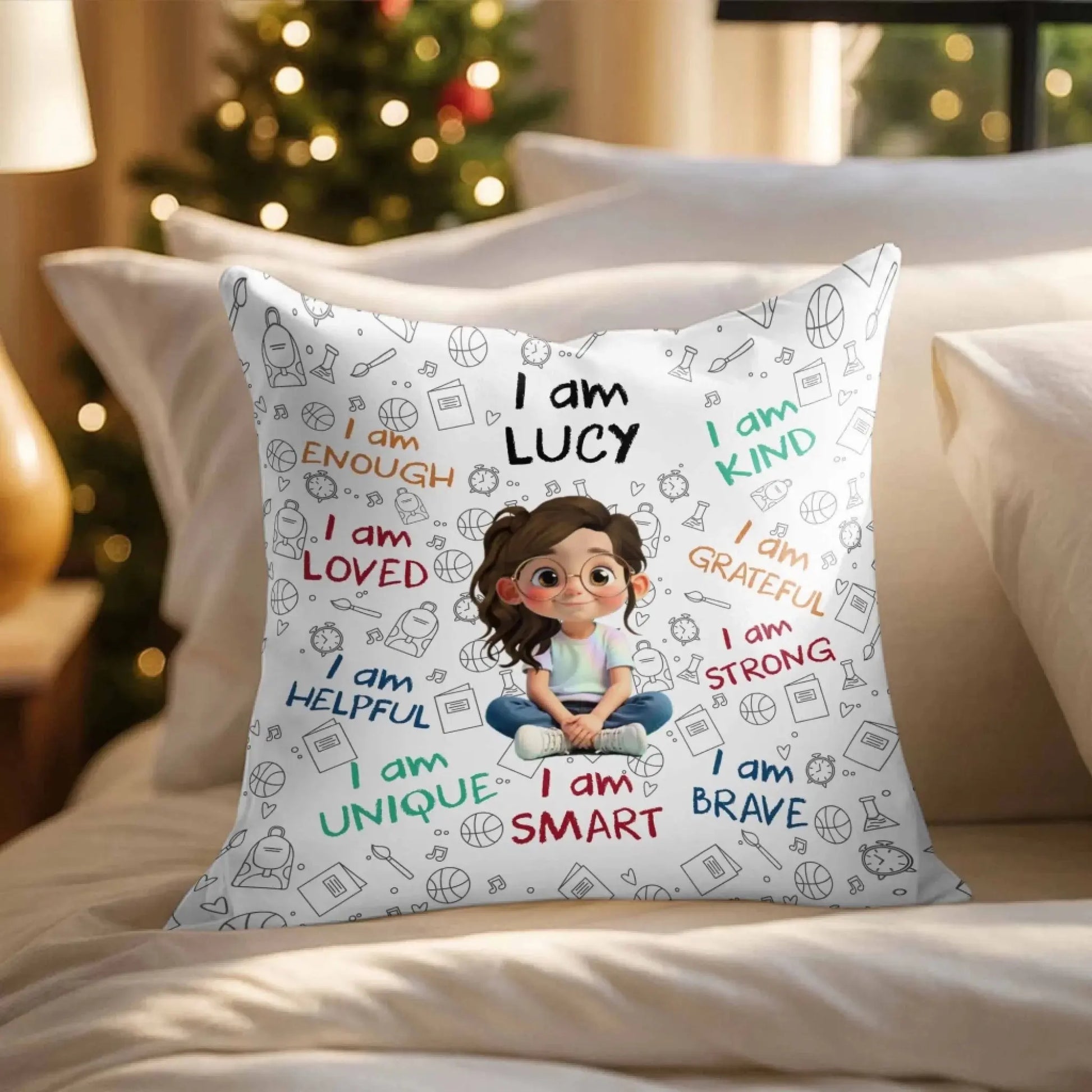 I Am Enough, Loved, Unique, Brave, Cartoon Girl - Personalized Custom Pillow - Gift For Daughters and Kids  Ezcustomize