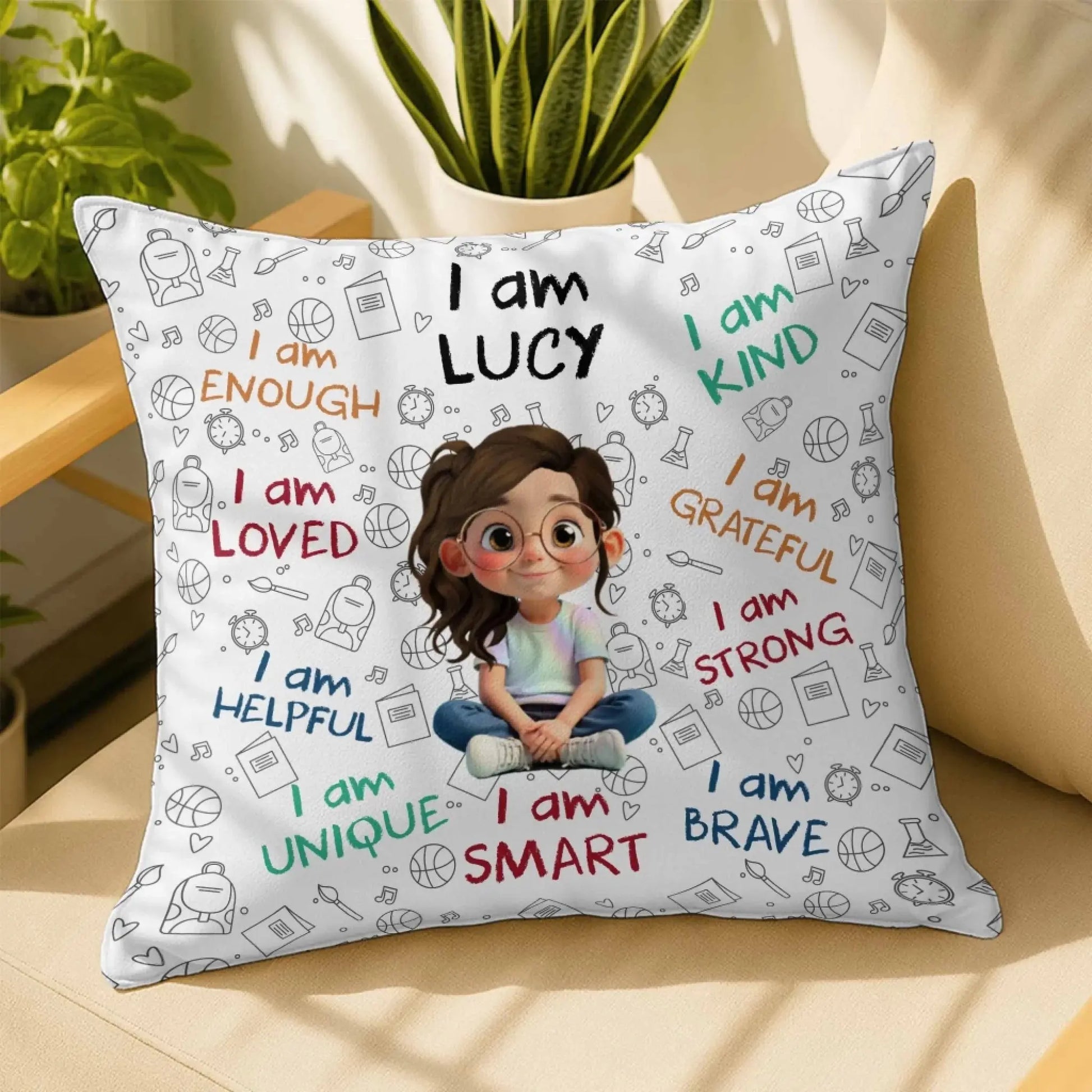 I Am Enough, Loved, Unique, Brave, Cartoon Girl - Personalized Custom Pillow - Gift For Daughters and Kids  Ezcustomize