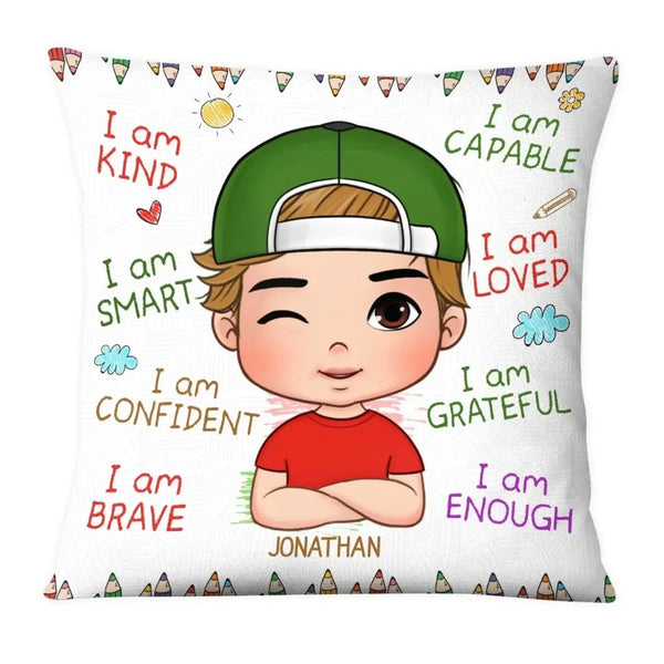 I Am Kind Affirmation – Personalized Custom Throw Pillow Cushion – Meaningful Birthday & Encouragement Gift for Kids, Grandsons, Granddaughters