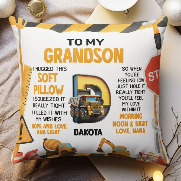 I Hugged This Soft Pillow Morning Noon & Night Construction Truck Initial - Personalized Pillow - Gift for Grandson, Boys, Kids, Girls