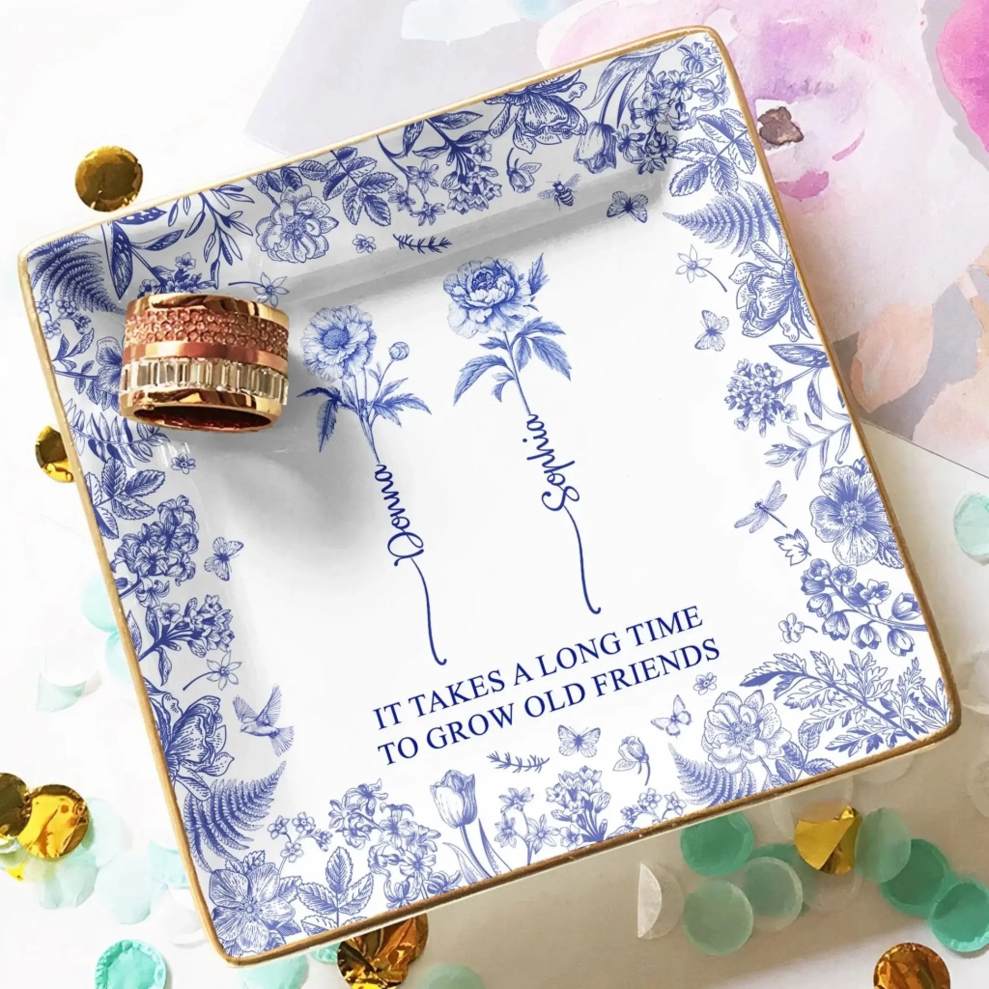 It Takes A Long Time To Grow An Old Friend Toile De Jouy – Personalized Jewelry Dish Trinket Tray – Meaningful Friendship Gift for Bestie  Ezcustomize
