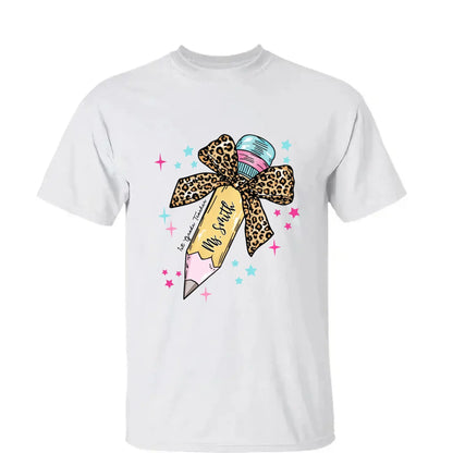 Leopard Print Bow Pencil – Personalized Custom T-Shirt – Funny Back to School Gift for Teacher, Pre-K, Kindergarten, Preschool, Paraprofessional  Ezcustomize