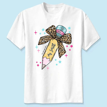 Leopard Print Bow Pencil – Personalized Custom T-Shirt – Funny Back to School Gift for Teacher, Pre-K, Kindergarten, Preschool, Paraprofessional  Ezcustomize