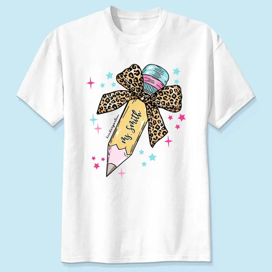 Leopard Print Bow Pencil – Personalized Custom T-Shirt – Funny Back to School Gift for Teacher, Pre-K, Kindergarten, Preschool, Paraprofessional  Ezcustomize