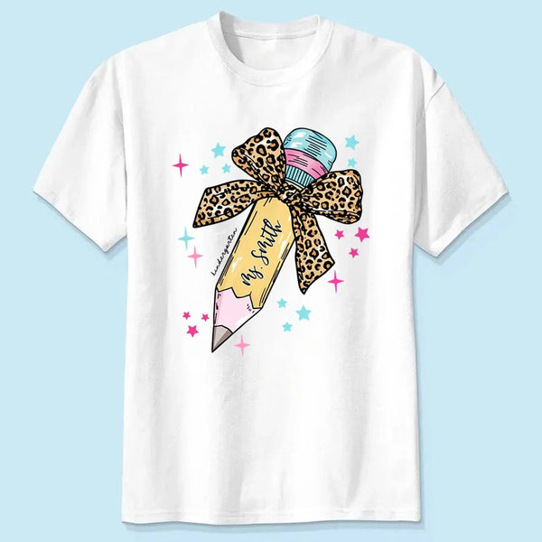 Leopard Print Bow Pencil – Personalized Custom T-Shirt – Funny Back to School Gift for Teacher, Pre-K, Kindergarten, Preschool, Paraprofessional