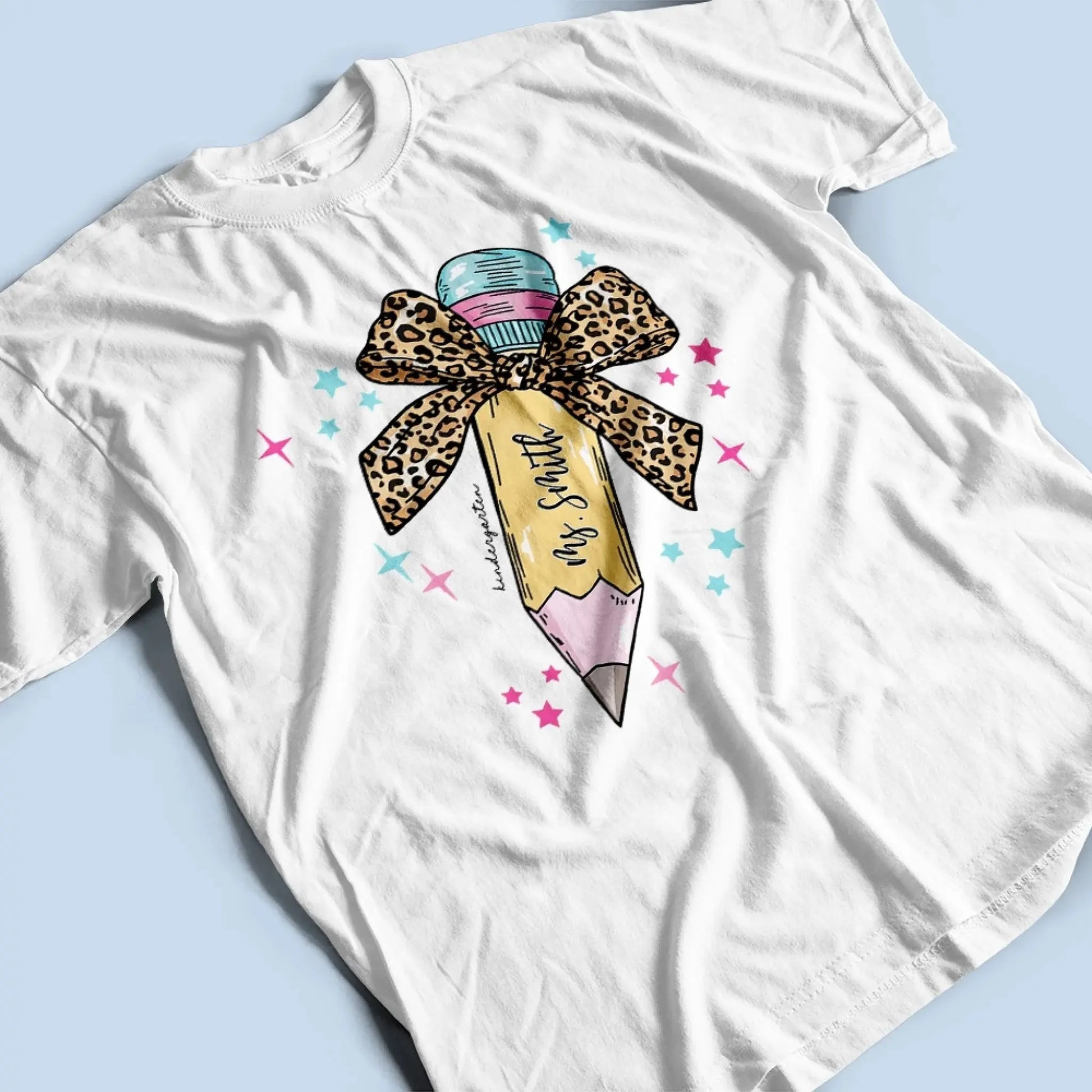 Leopard Print Bow Pencil – Personalized Custom T-Shirt – Funny Back to School Gift for Teacher, Pre-K, Kindergarten, Preschool, Paraprofessional  Ezcustomize