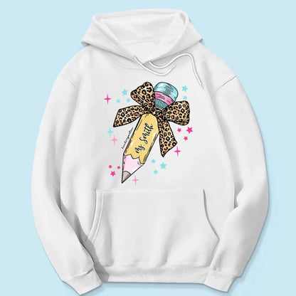 Leopard Print Bow Pencil – Personalized Custom T-Shirt – Funny Back to School Gift for Teacher, Pre-K, Kindergarten, Preschool, Paraprofessional  Ezcustomize