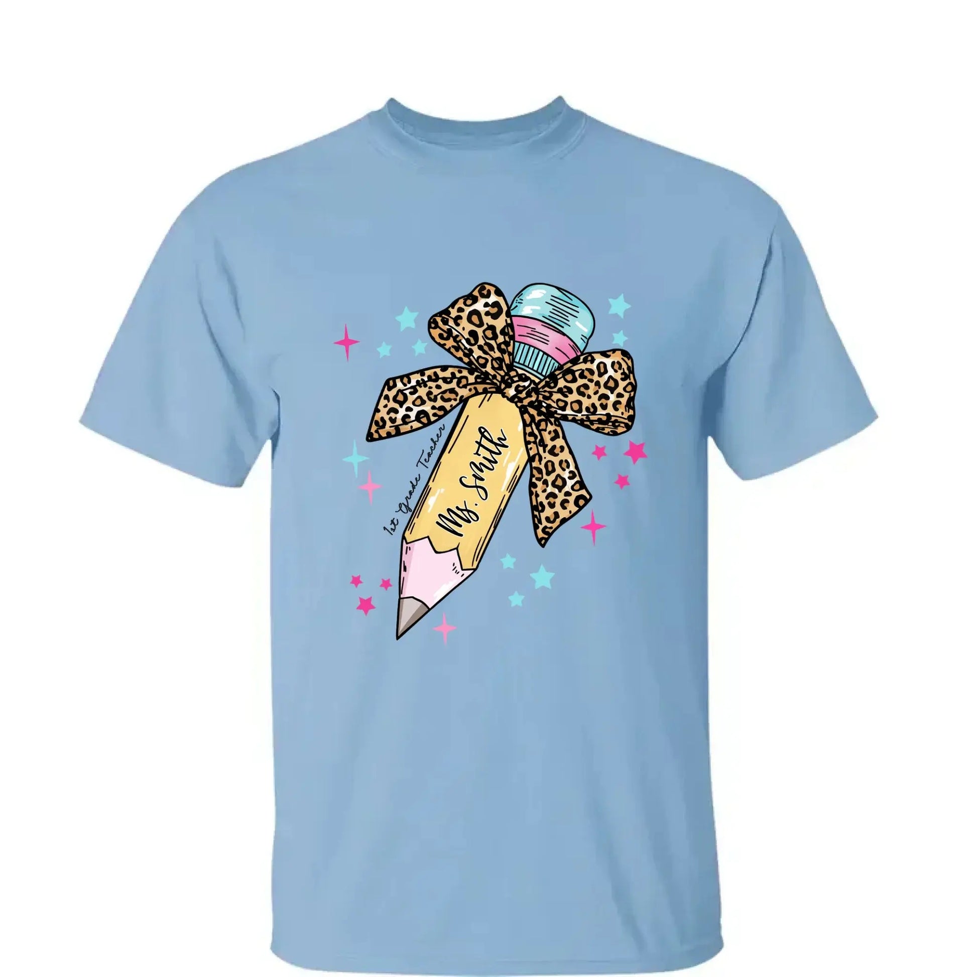 Leopard Print Bow Pencil – Personalized Custom T-Shirt – Funny Back to School Gift for Teacher, Pre-K, Kindergarten, Preschool, Paraprofessional  Ezcustomize