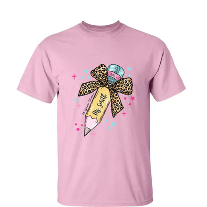 Leopard Print Bow Pencil – Personalized Custom T-Shirt – Funny Back to School Gift for Teacher, Pre-K, Kindergarten, Preschool, Paraprofessional  Ezcustomize