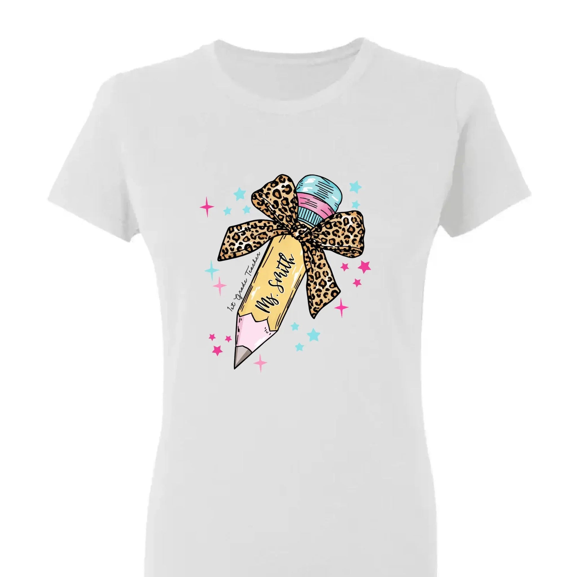 Leopard Print Bow Pencil – Personalized Custom T-Shirt – Funny Back to School Gift for Teacher, Pre-K, Kindergarten, Preschool, Paraprofessional  Ezcustomize
