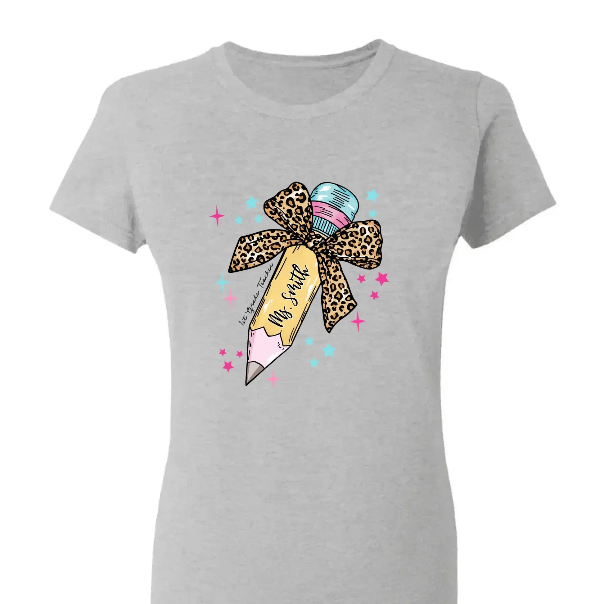Leopard Print Bow Pencil – Personalized Custom T-Shirt – Funny Back to School Gift for Teacher, Pre-K, Kindergarten, Preschool, Paraprofessional  Ezcustomize