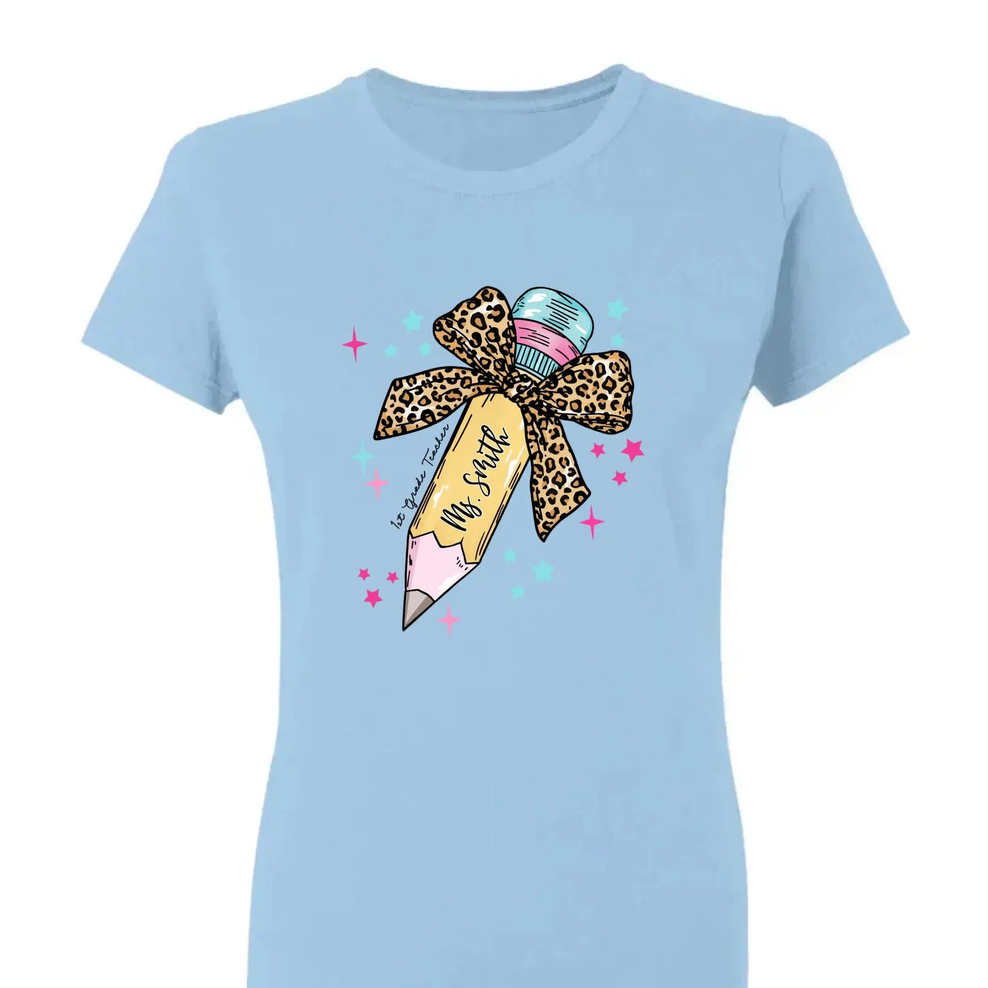 Leopard Print Bow Pencil – Personalized Custom T-Shirt – Funny Back to School Gift for Teacher, Pre-K, Kindergarten, Preschool, Paraprofessional  Ezcustomize