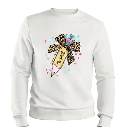 Leopard Print Bow Pencil – Personalized Custom T-Shirt – Funny Back to School Gift for Teacher, Pre-K, Kindergarten, Preschool, Paraprofessional  Ezcustomize