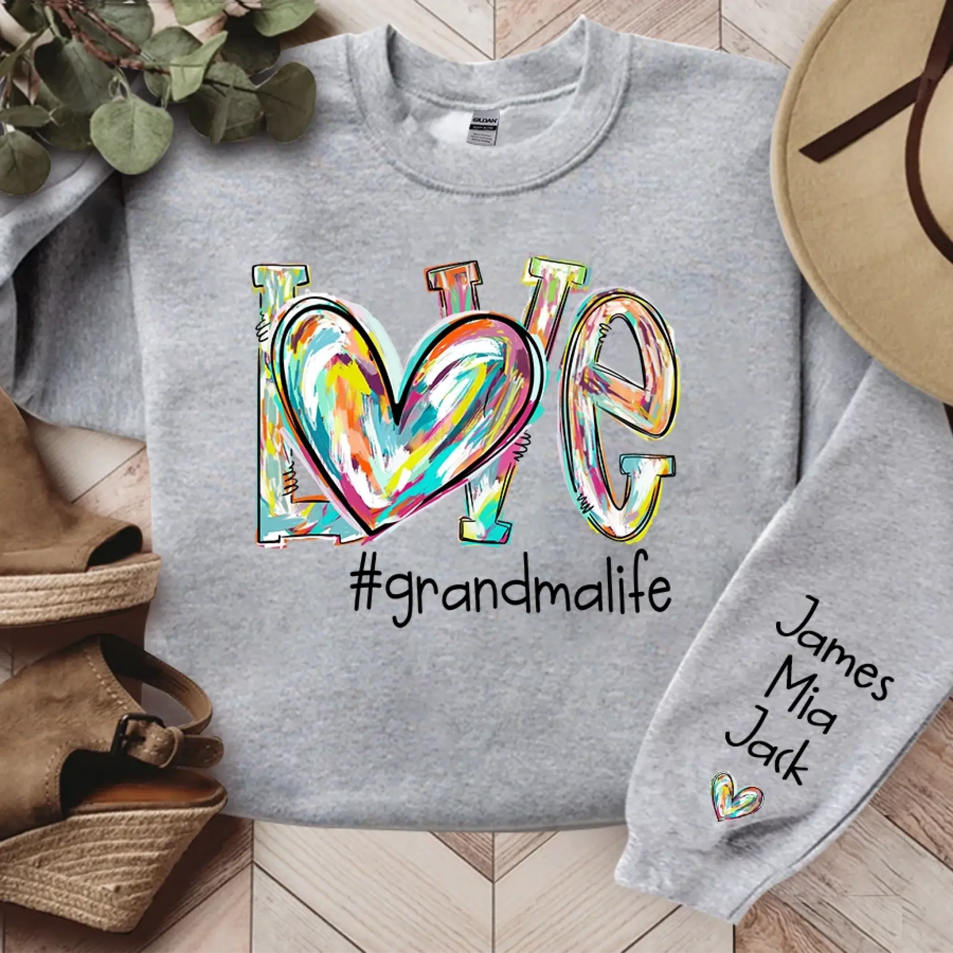 Love Grandma Life Heart Personalized Sweatshirt – Custom Sleeve Printed Gift for Grandma, Nana & Grandparents  Ezcustomize