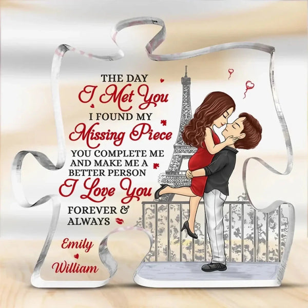 The Day I Met You I Found My Missing Piece - Couple Personalized Puzzle Acrylic Plaque – Custom Romantic Gift for Husband & Wife
