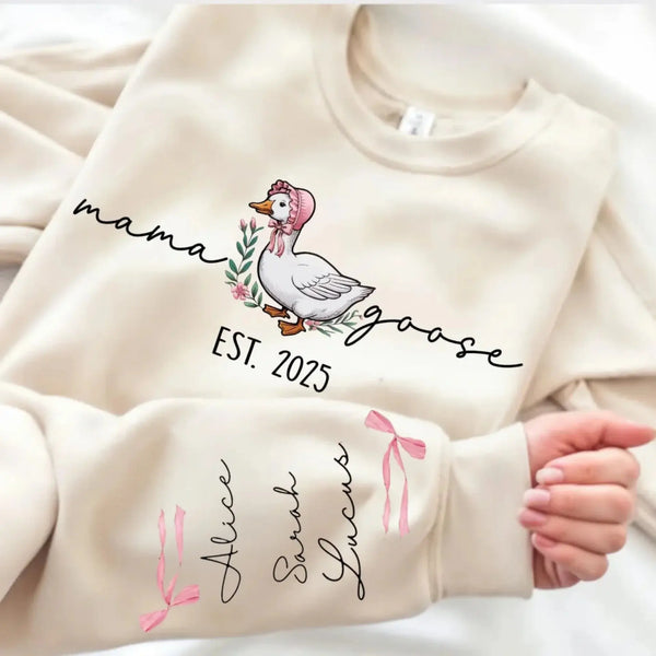 Mama Goose Est. Sweatshirt – Personalized Sleeve Printed Pullover – Custom Gift for Mom or Grandma